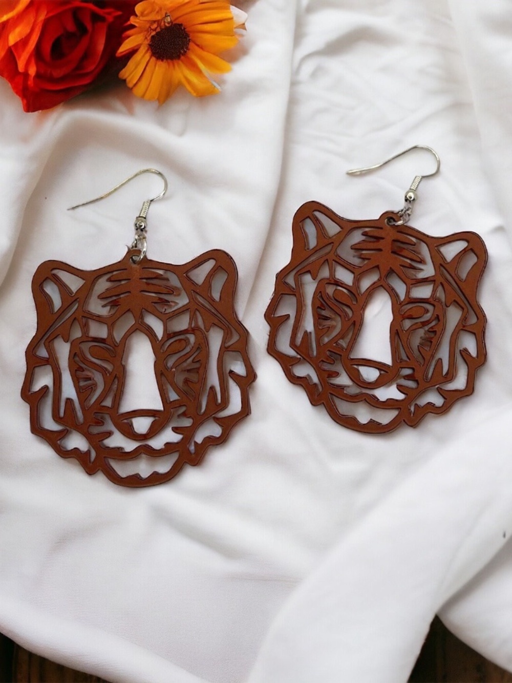 Brown Tiger Statement Earrings Lightweight Acrylic Dangles